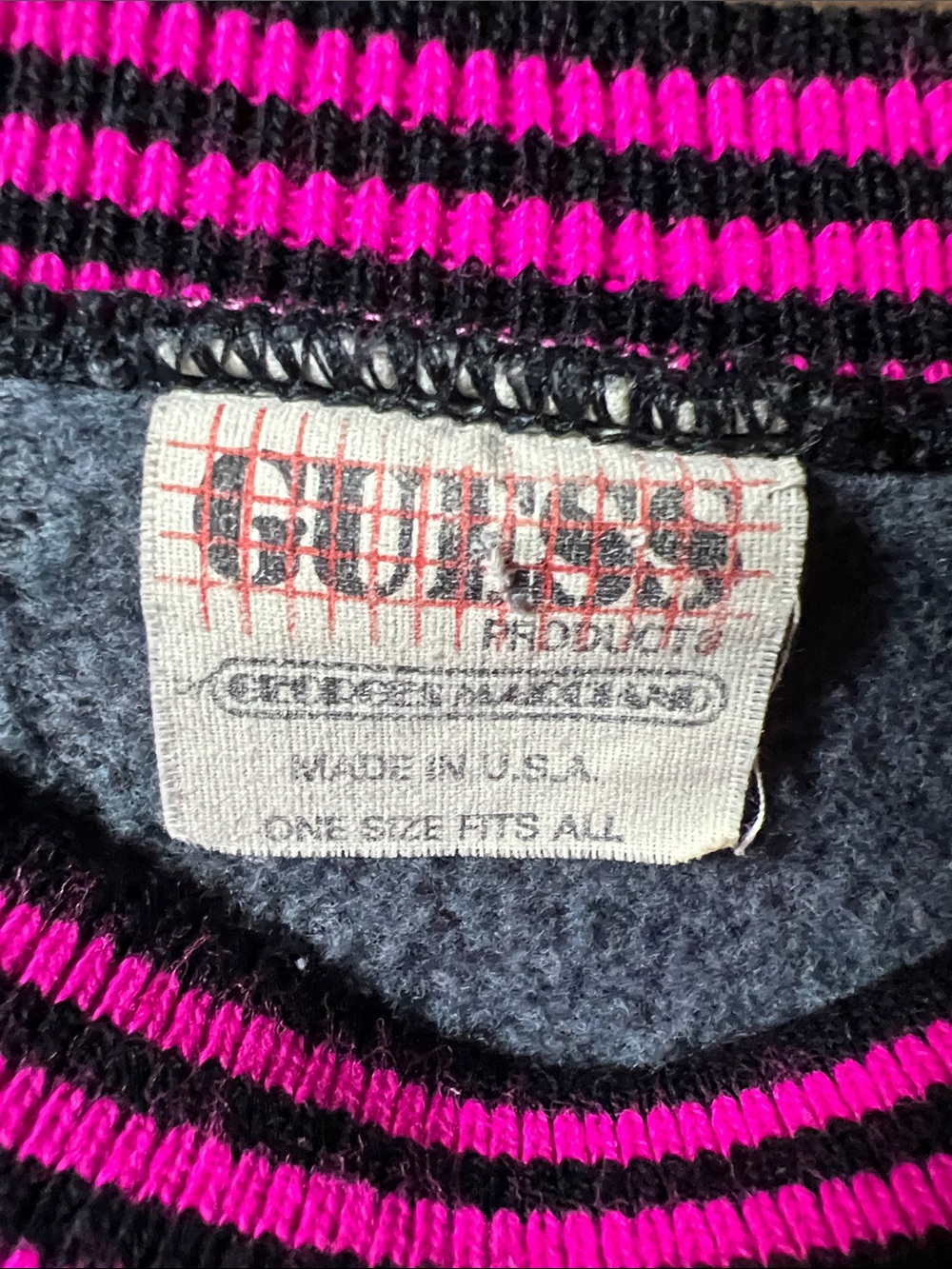 GUESS Gray Sweatshirt with Pink Logo and Striped Pink-Black Crew Neck - Picture 2 of 4